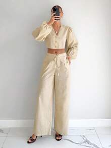Siren Gaze 2pcs/Set Women Linen V-Neck Flare Sleeve Top And Casual Straight Leg Long Sleeve Pants Set, Khaki Winter