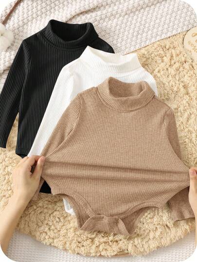 SHEIN 3 件套新生婴儿男孩/女孩幼儿厚实保暖纯色高领长袖连体衣和裤子套装，舒适、百搭、时尚、休闲，适合室内、户外、日常穿着、运动、玩耍、派对、摄影、节日、秋冬季万圣节