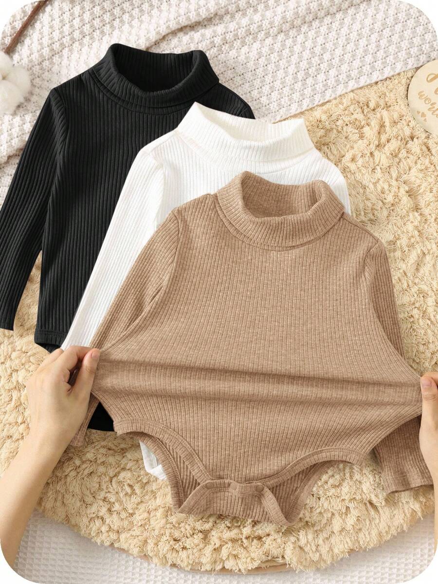 SHEIN 3 件套新生婴儿男孩/女孩幼儿厚实保暖纯色高领长袖连体衣和裤子套装，舒适、百搭、时尚、休闲，适合室内、户外、日常穿着、运动、玩耍、派对、摄影、节日、秋冬季万圣节