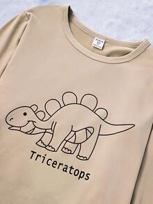 青少年男孩舒适恐龙印花长袖上衣和裤子睡衣套装，秋季 - 卡其色 - 查看 4