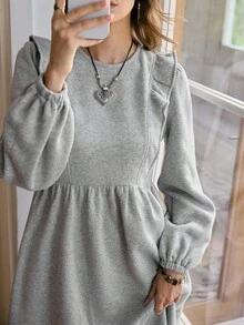 女士灰色圆领荷叶边长袖休闲西部秋季连衣裙“LanaWest” - 灰色 - 查看 1