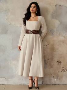 Roveilla Đầm midi tay dài xẻ tà cổ vuông thanh lịch, trang trọng, công sở, đi làm, tiệc tùng, nghỉ dưỡng, lãng mạn kiểu Sicilia cổ điển dành cho giáo viên cỡ lớn, màu mơ - Màu be - Xem 5