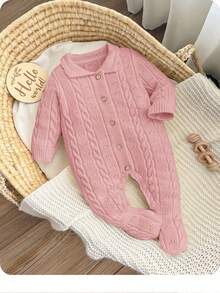 SHEIN 新生女婴纯色针织连体衣，秋冬休闲装 - 藕粉色 - 查看 6
