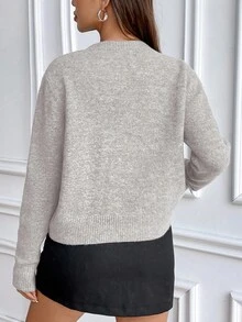 SHEIN Suéter de punto de cuello redondo de manga larga y unicolor de estilo casual - Gris Claro - Ver 2