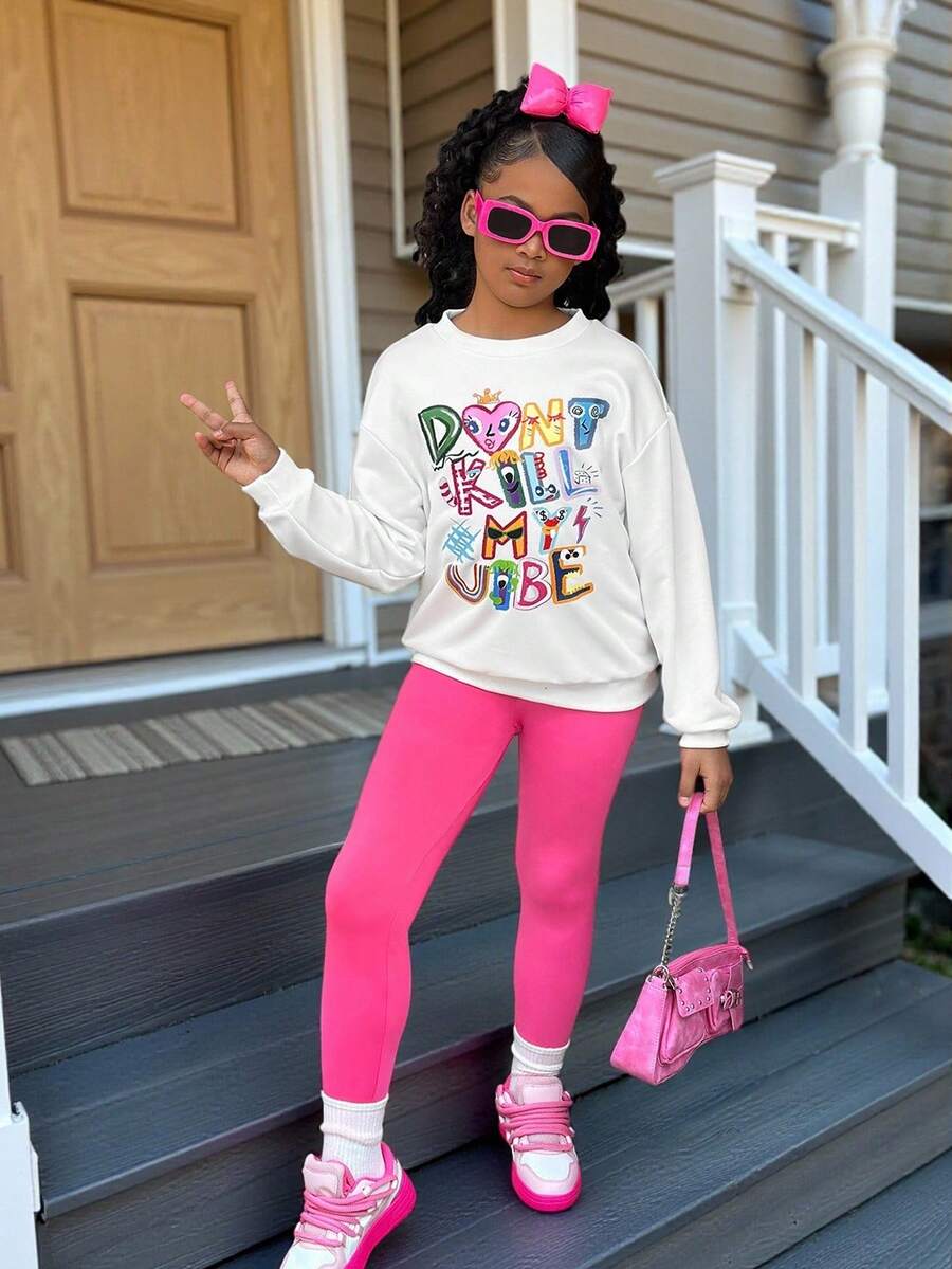 SHEIN Tween Girl Streetwear 可爱英文字母印花卫衣和紧身裤套装 - 白色 - 查看 1