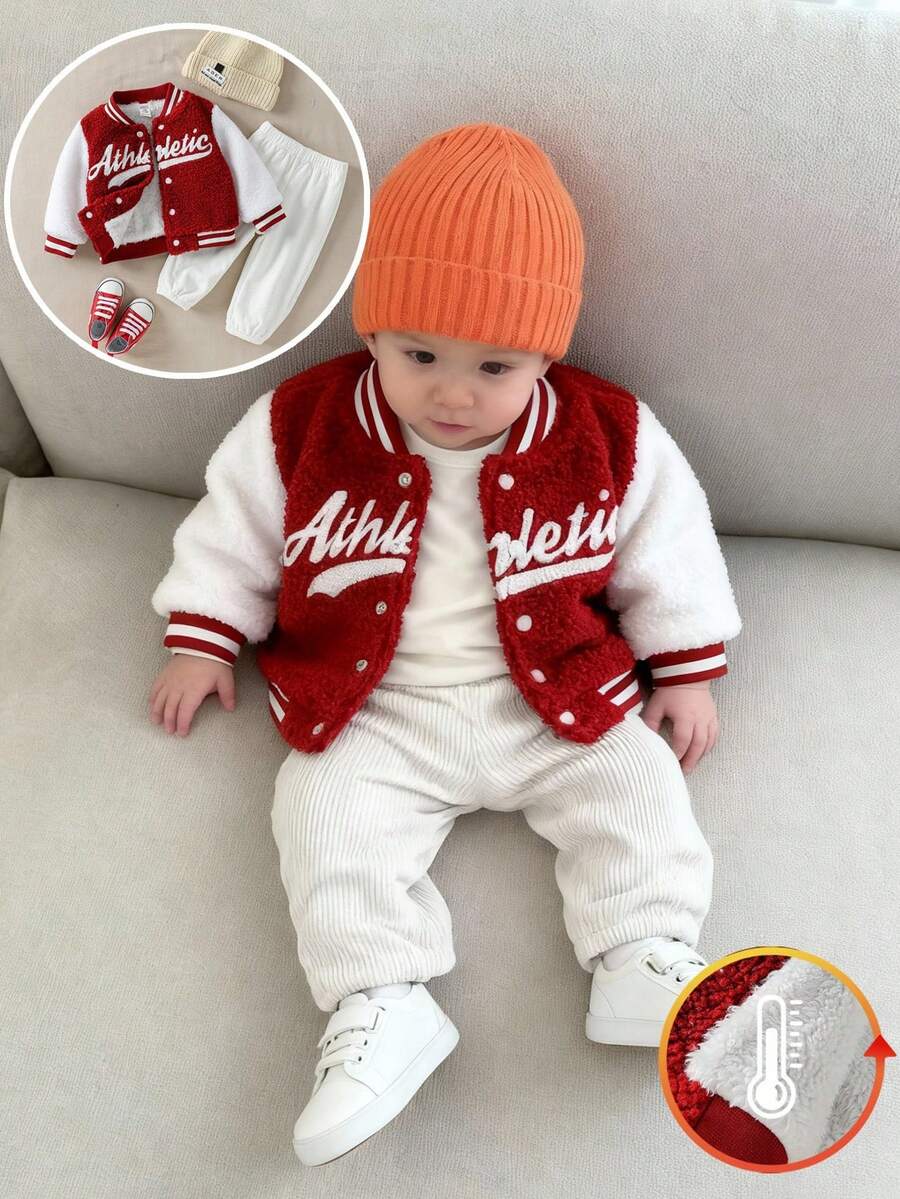 SHEIN Playful Pals Baby Boy Street Cool Letter Graphic Teddy Fleece Jacket And White Fleece Jogger Pants Casual Outfit - Multicolor - View 1