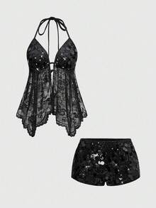 ROMWE Avant Y2K 派对露背细肩带短款上衣和低腰亮片短裤两件套女款 - 黑色 - 查看 1