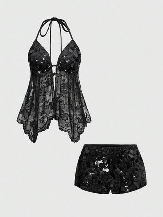 ROMWE Avant Conjunto de 2 piezas de top corto con tirantes de espagueti sin espalda y shorts de lentejuelas de cintura baja para mujer, estilo Y2K