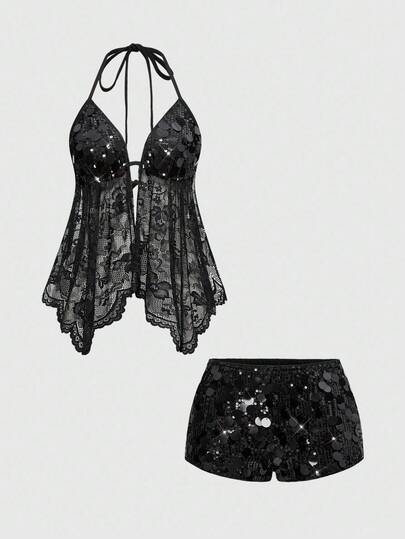 ROMWE Avant Ensemble 2 pièces pour femmes comprenant un top court à fines bretelles sans dos et un short à taille basse avec sequins, style Y2K