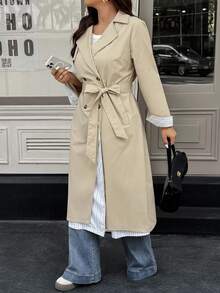 Easura 加大双排扣束带风衣 - 卡其色 - 查看 6