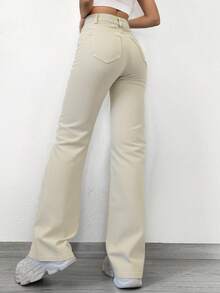 Cottnline Women's Solid Color Straight Leg Jeans - Beige - View 4