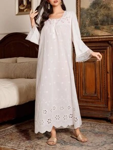 PalaceNights Women's Vintage Palace Style Square Collar 3D Floral Embroidery Lace Trim Long Nightgown, For Fall, Winter - White - View 5
