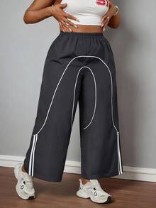 SHEIN PETITE CURVE 大码女童返校运动休闲梭织带黑色阔腿运动慢跑裤 - 深灰色 - 查看 4