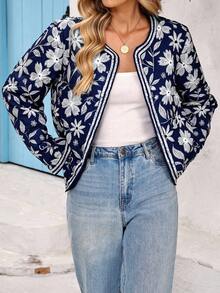 Vivid Eden Manteau d'hiver casual à manches longues et col ouvert avec imprimé floral pour femmes, casual pour femmes, bleu et blanc, manteau bleu, manteau bleu marine, bohème, style boho chic, femmes boho, vêtements western pour femmes, western - Bleu azur - Voir 4