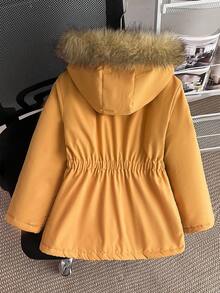 SHEIN 女童冬季长袖连帽抓绒加厚仿毛领外套，腰部收紧修身撞色纽扣休闲时尚派克大衣 - 黃色 - 查看 2