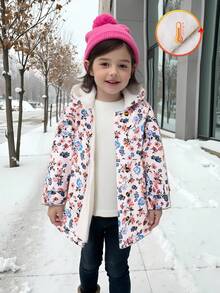 SHEIN Genkimix Kids 年轻女孩的碎花保暖内衬连帽双排扣时尚可爱夹克，适合日常休闲穿着 - 杏色 - 查看 3