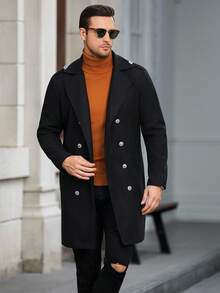 Manfinity Mode Men's Solid Color Pocket & Button Front Long Sleeve Black Overcoat, Autumn Fall Winter - Black - View 7