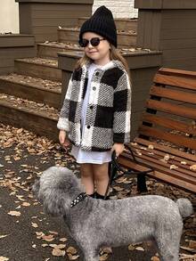 小女童格紋印花連帽絨毛外套無套頭衫