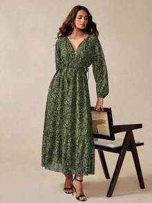 Florisole Váy xòe dáng chữ A, tay lỡ, họa tiết Paisley boho cổ điển, thiết kế buộc dây thanh lịch dành cho nữ, mùa xuân/thu - xanh quân đội - Xem 4