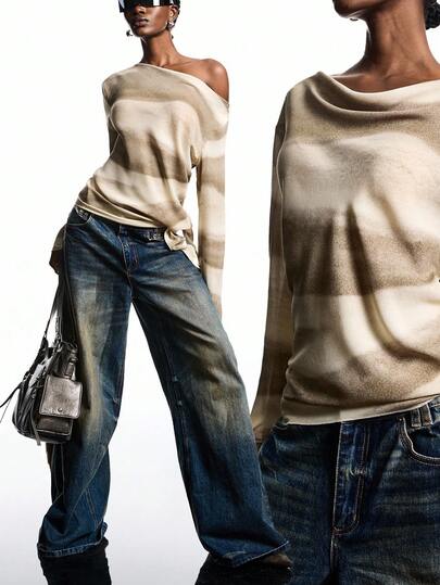 LYSMO 2025 New Arrive Minimalism Fall Women Fashionable Ombre Asymmetric Collar Blouse, Autumn Off The Shoulder Long Sleeve Off The Shoulder Top One Shoulder Top One Sleeve Top One Shoulder Blouse Back To School, Homecoming, 2000s Style, Y2K Clothes Women, Streetwear