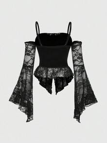 ROMWE Goth Top de manga acampanada de terciopelo oscuro y encaje de contraste para Halloween - Negro - Ver 2