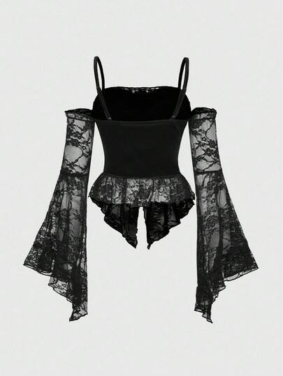 Goth Dark Halloween Velvet & Contrast Lace Flare Sleeve Top