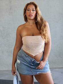 MelDlgn Plus Size Women's Faux Pearls Beaded Bandana Hem Crop Tube Top, Suitable For Date Night, Birthday, Bachelorette Party, Casual, Shopping, Streetwear, Going Out, Easy To Match&Looks Slim, Flatter The Figure - Khaki - View 6