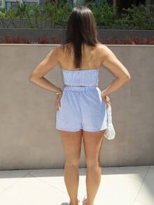 MDEdit 2 件套休闲抹胸条纹背心和口袋短裤套装 - 藍白色 - 查看 3