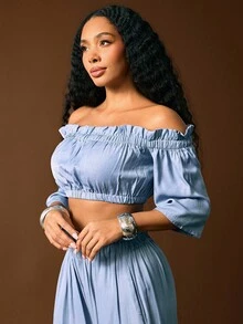 Vixey Áo croptop bèo nhún hở vai Chambray - Màu xanh lam - Xem 3