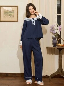 SHEIN Côtesoire Set de pijamale pentru femei cu mânecă lungă, cu guler dublu și volane, în culori contrastante, cu decor cu nasturi, haine de toamnă