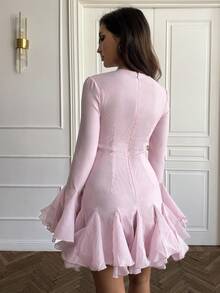 SHEIN BAE 女式优雅纯色圆领喇叭袖短款连衣裙 - 粉色 - 查看 2