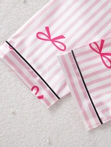 两件套少女优雅格子缎面开衫和裤子休闲舒适睡衣套装，带蝴蝶结 - 彩色 - 查看 6