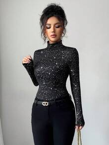 Elenzga Women's Fashionable High Neck Long Sleeve Slim Fit Sequin T-Shirt, Suitable For Daily Wear, Autumn - Black - View 5