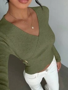 Elenzga 女士优雅合身交叉裹身元素简约经典罗纹纹理纯色毛衣 - 軍綠色 - 查看 6