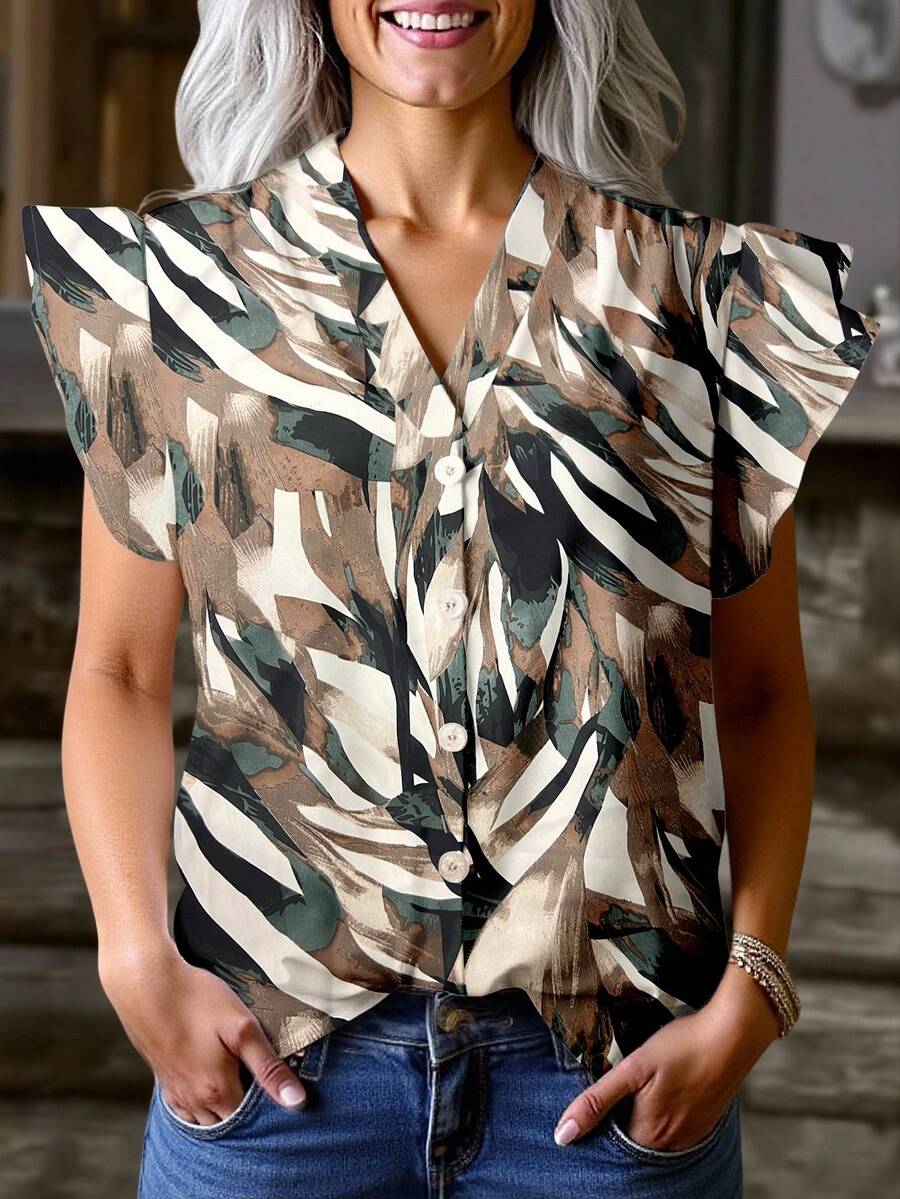 EMERY ROSE 大码女士休闲花卉印花衬衫，简约风格，适合夏季 - 彩色 - 查看 1