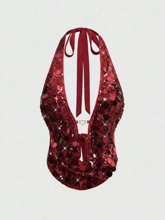 ROMWE Avant Débardeur sexy avec encolure drapée et perles, dos nu pour femmes, style rétro vacances île