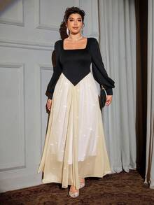 Cravure Christmas Plus Size Women Square Neck Long Sleeve Color Block Elegant Dress, Suitable For Party And Gathering - Multicolor - View 1