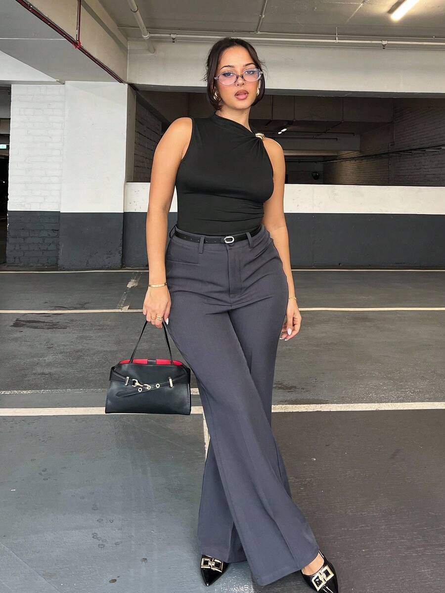 NegzBox Women's Casual Business Minimalistic Pocket Design Flared Woven Trousers - Dark Grey - View 1