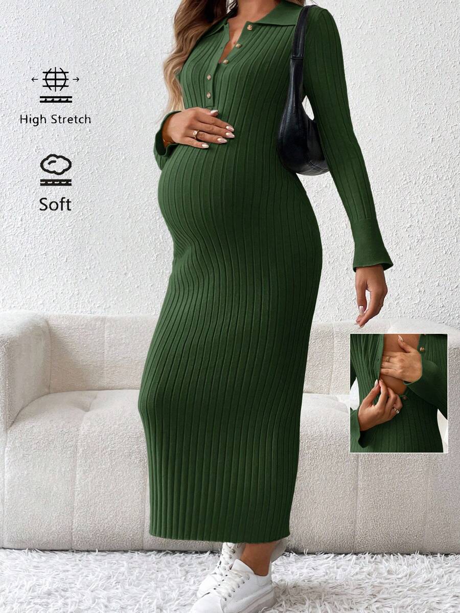 SHEIN 孕妇纽扣罗纹针织修身优雅长袖毛衣裙 - 墨綠色 - 查看 1