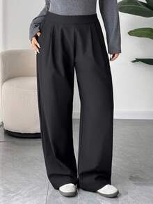 Dazy Plus Pantaloni lunghi casual e da lavoro, a gamba dritta, con vita regolabile a strappo, di colore unito - nero - Visualizzare 5