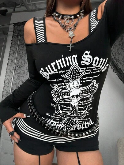 Whyspr Plus Size Screen Printed Striped Patchwork Cut-Out Shoulder Long Sleeve T-Shirt