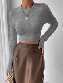 EMERY ROSE Women's Casual Solid Color Ribbed Knit Fitted Long Sleeve Sweater, Autumn/Winter - Dark Grey - View 3
