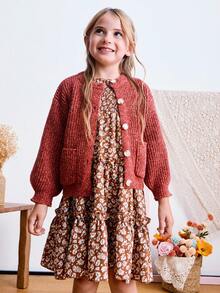 Blossori Young Girls' French Elegant Pocket Decor Round Neck Button Front Long Sleeve Knit Cardigan - Burgundy - View 1