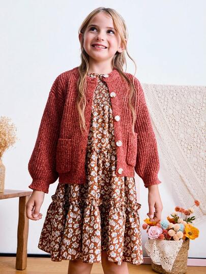 Blossori Young Girls' French Elegant Pocket Decor Round Neck Button Front Long Sleeve Knit Cardigan