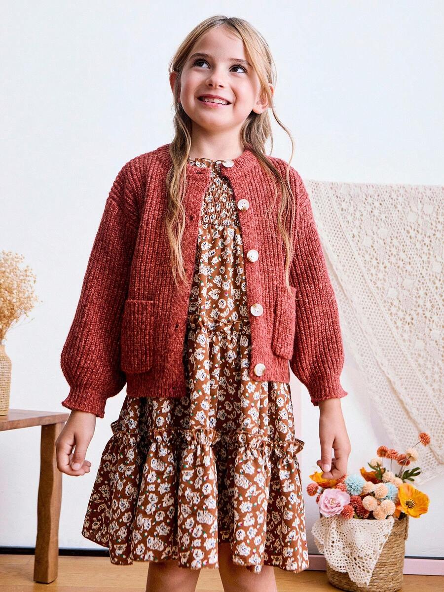 Blossori Young Girls' French Elegant Pocket Decor Round Neck Button Front Long Sleeve Knit Cardigan - Burgundy - View 1