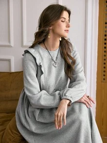 女士灰色圆领荷叶边长袖休闲西部秋季连衣裙“LanaWest” - 灰色 - 查看 6