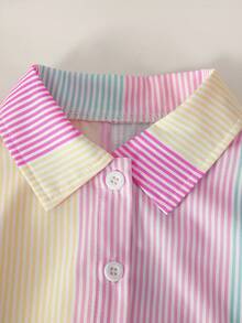 Elladie kids Toddler Girls' Casual Pink, Blue & Yellow Striped Shirt With 3D Bowknot, Long Sleeve Button Up, Suitable For Sweet Girls To Pair With Jeans In Autumn - Multicolor - View 3