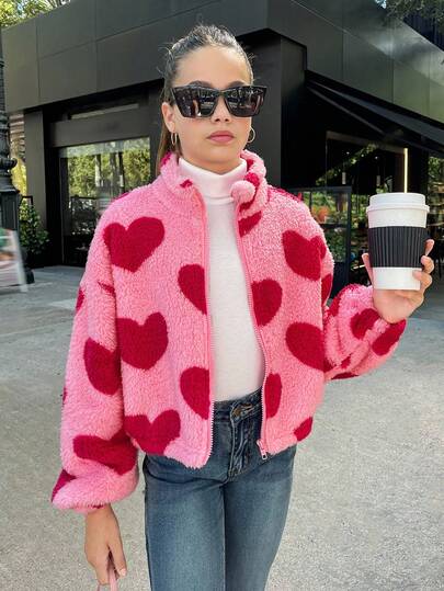 SHEIN Tween Girls' Loose Casual Fuzzy Heart Zipper Warm Jacket,In Fall/Winter