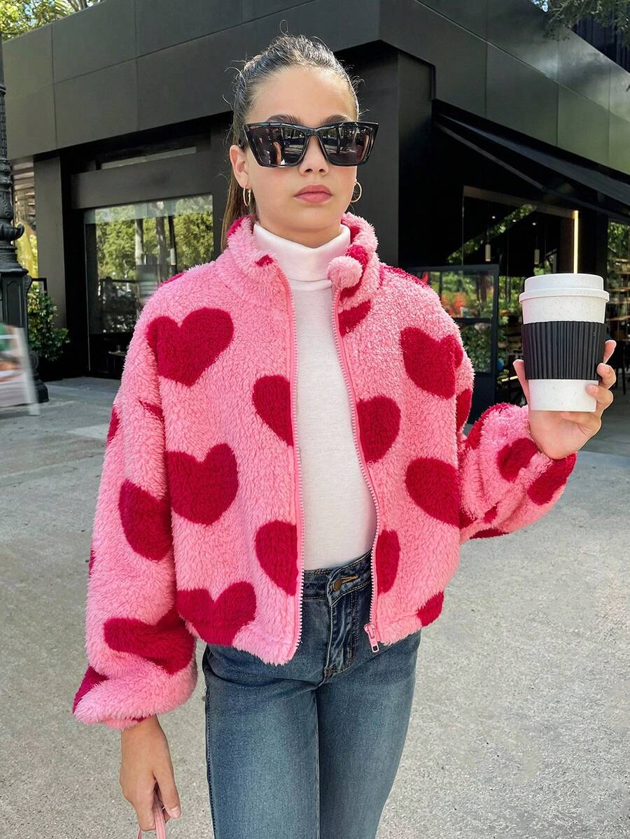 SHEIN Tween Girls' Loose Casual Fuzzy Heart Zipper Warm Jacket,In Fall/Winter