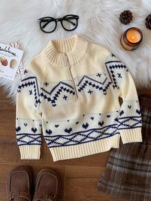 SHEIN 男女宝宝可爱条纹长袖立领针织毛衣，休闲百搭，适合秋冬季 - 彩色 - 查看 2